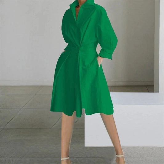 green / S Printed Dresses Women Autumn V-neck Long Sleeved Shirts Fashions Office Lady Pockets Commute Dress 2023 New Robe Vestidos Femme