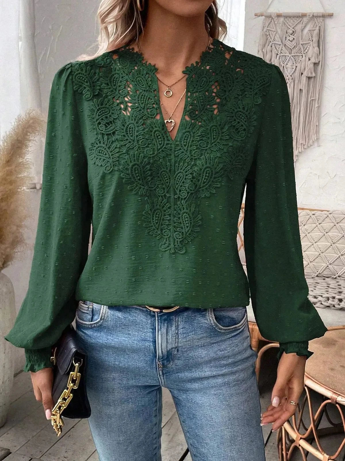green / S Womens Long Sleeve Sweaters Fall 2024 Trendy Sexy Lace V Neck Puff Sleeve Pullover Sweater Cute Tops