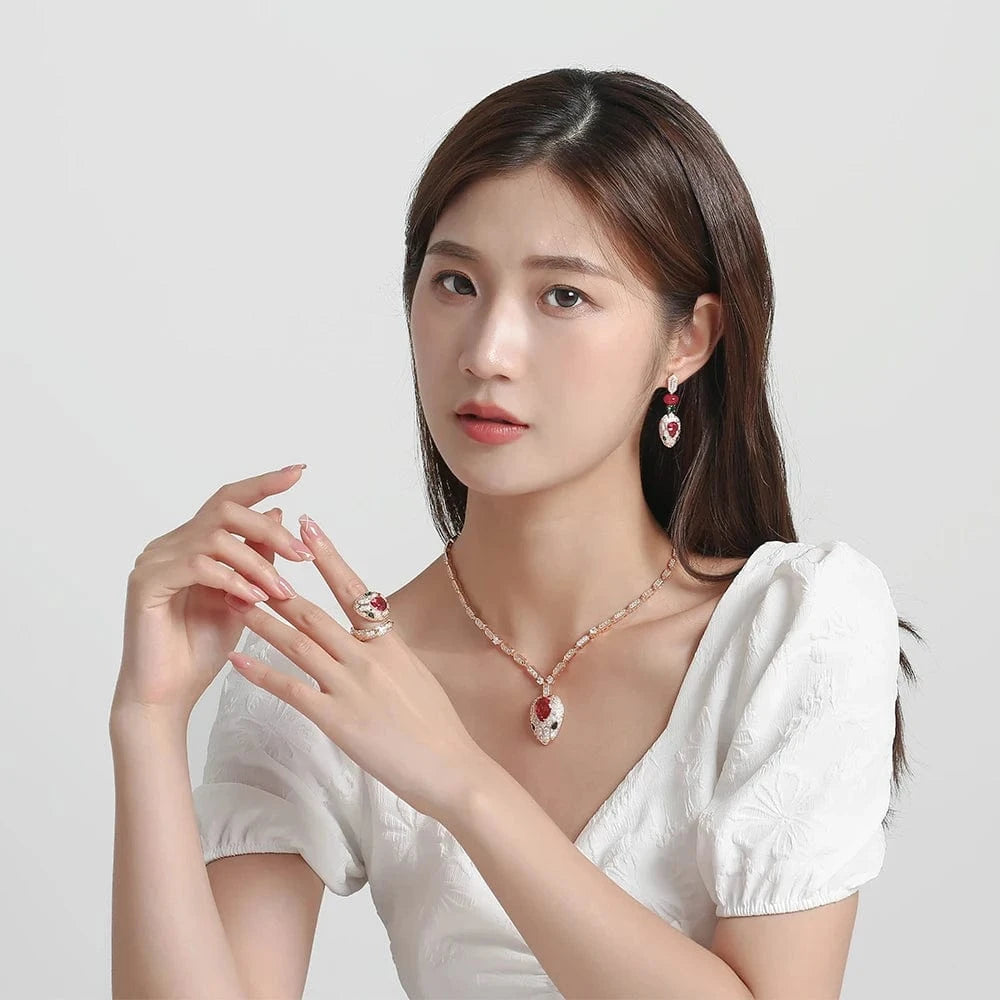 Green snake necklace earring ring serpentine exaggeration hyperbole statement luxury jewelry for woman party and wedding