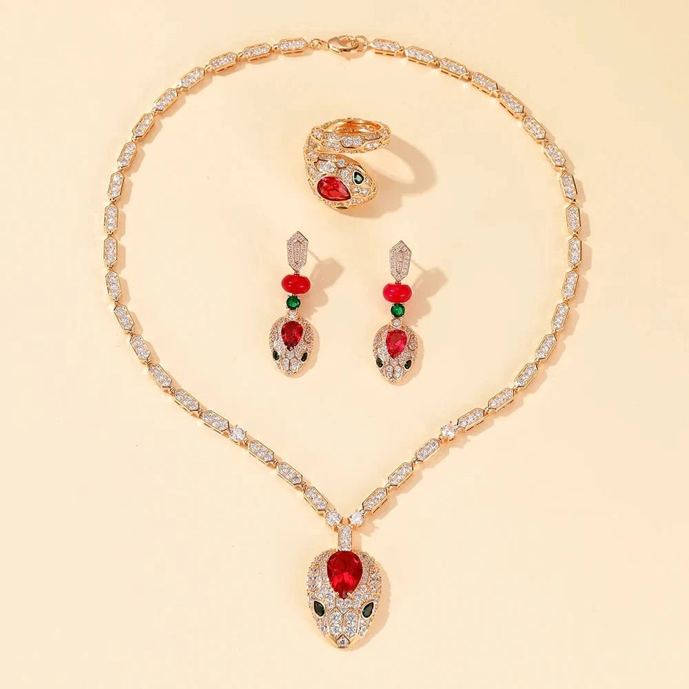 Green snake necklace earring ring serpentine exaggeration hyperbole statement luxury jewelry for woman party and wedding