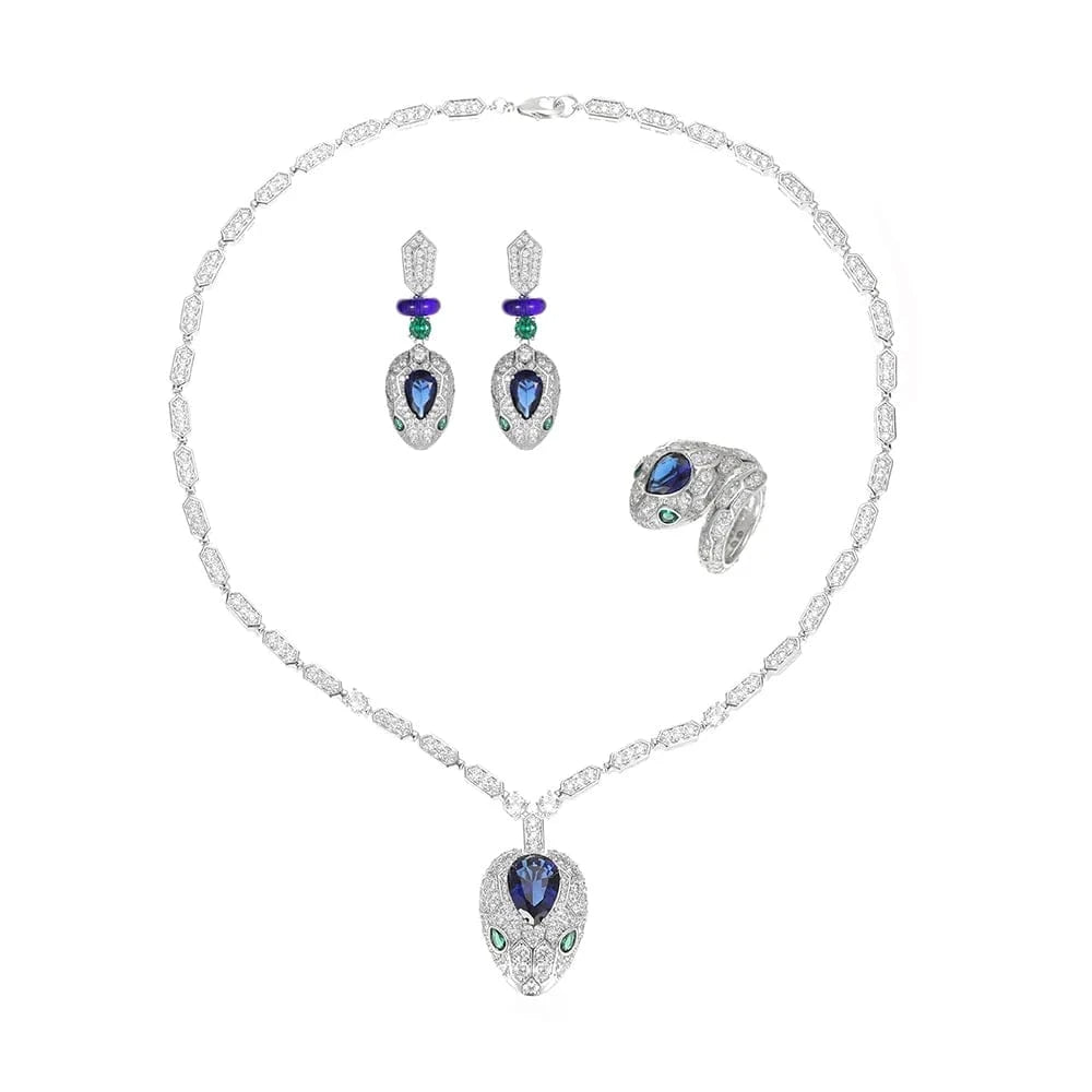 Green snake necklace earring ring serpentine exaggeration hyperbole statement luxury jewelry for woman party and wedding