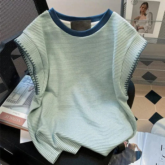 Green striped T-shirt female summer new shoulder design sense fashion niche stitching chic flying sleeves loose clothes. - SN Wigs & More