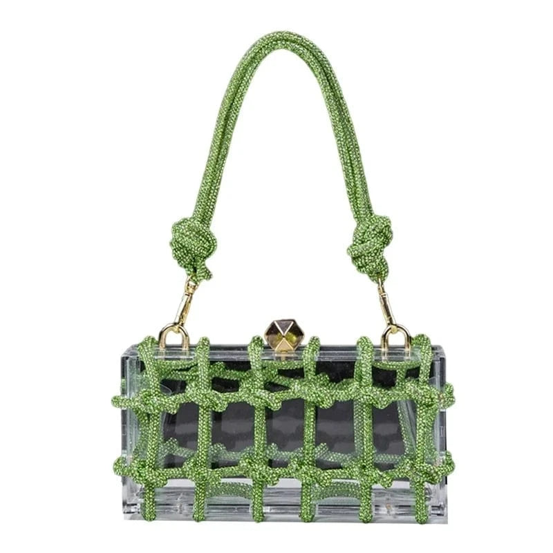 Green Transparent Wedding Party Handbags for Women Luxury Clear Acrylic Box Purse Woven Knotted Rhinestone Clutch Bag Evening Bags