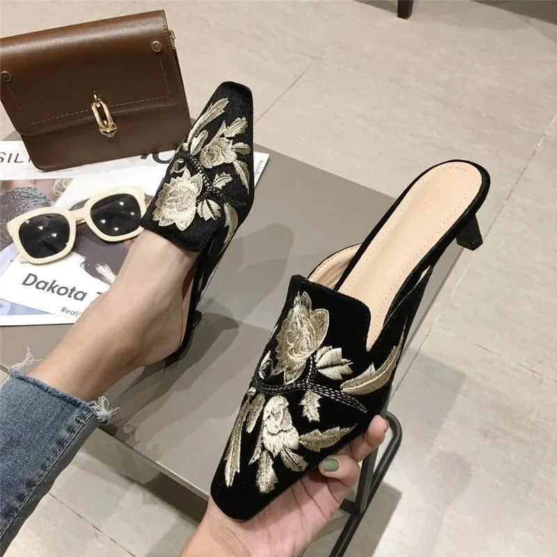 Green Velvet High Heels Slippers Women Floral Embroidery Mules Shallow Pointed Toe Heeled Fashion Loafers Outsides Woman Slides