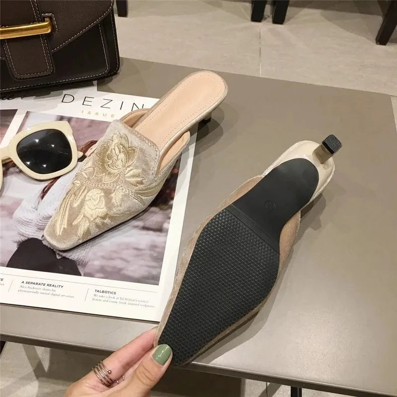 Green Velvet High Heels Slippers Women Floral Embroidery Mules Shallow Pointed Toe Heeled Fashion Loafers Outsides Woman Slides