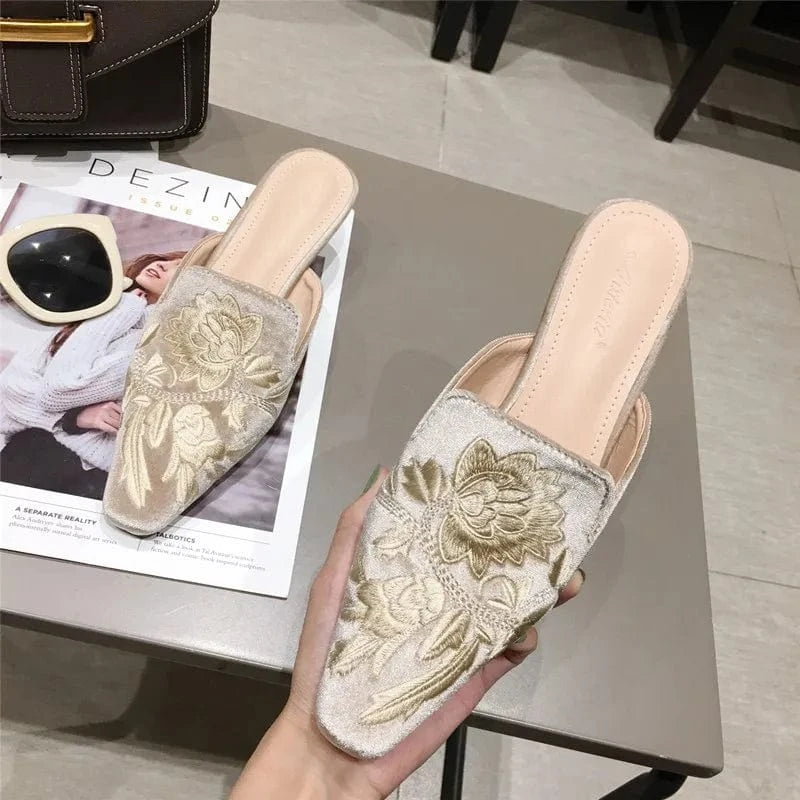 Green Velvet High Heels Slippers Women Floral Embroidery Mules Shallow Pointed Toe Heeled Fashion Loafers Outsides Woman Slides