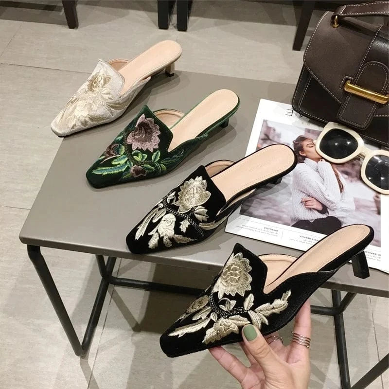 Green Velvet High Heels Slippers Women Floral Embroidery Mules Shallow Pointed Toe Heeled Fashion Loafers Outsides Woman Slides