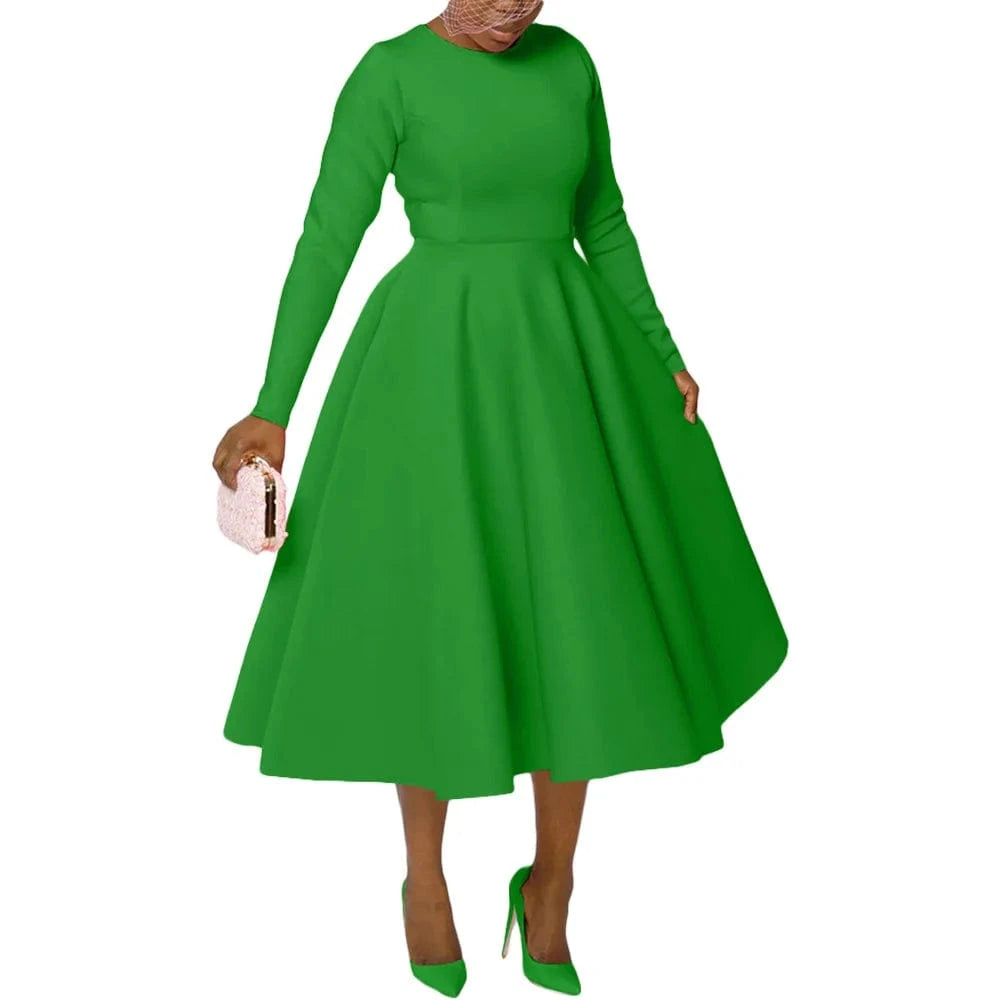 Green / XXL Elegant Church Dresses for Woman 2025 Fall Long Sleeve O Neck High Waisted A-Line Midi Calf Party Cocktail Dress with Pockets