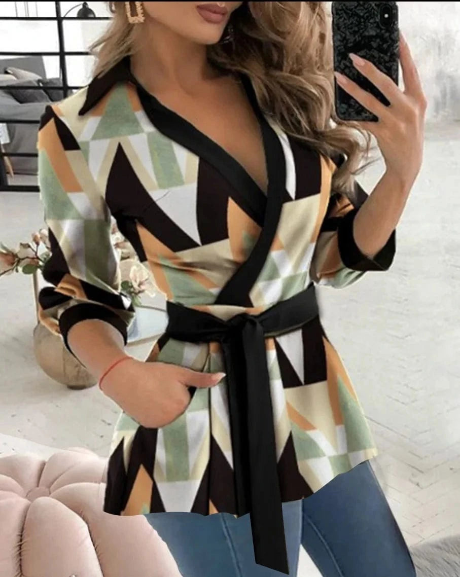 green / XXL Spring Autumn Printed Work Shirt Tops Women Casual V Neck Long Sleeve Party Club Business Blouse Top with Belt