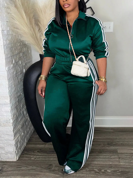 green / XXL Women’s 2 Piece Tracksuit Set Zip-Up Top + High Waist Pants Side Stripe Casual Outfit