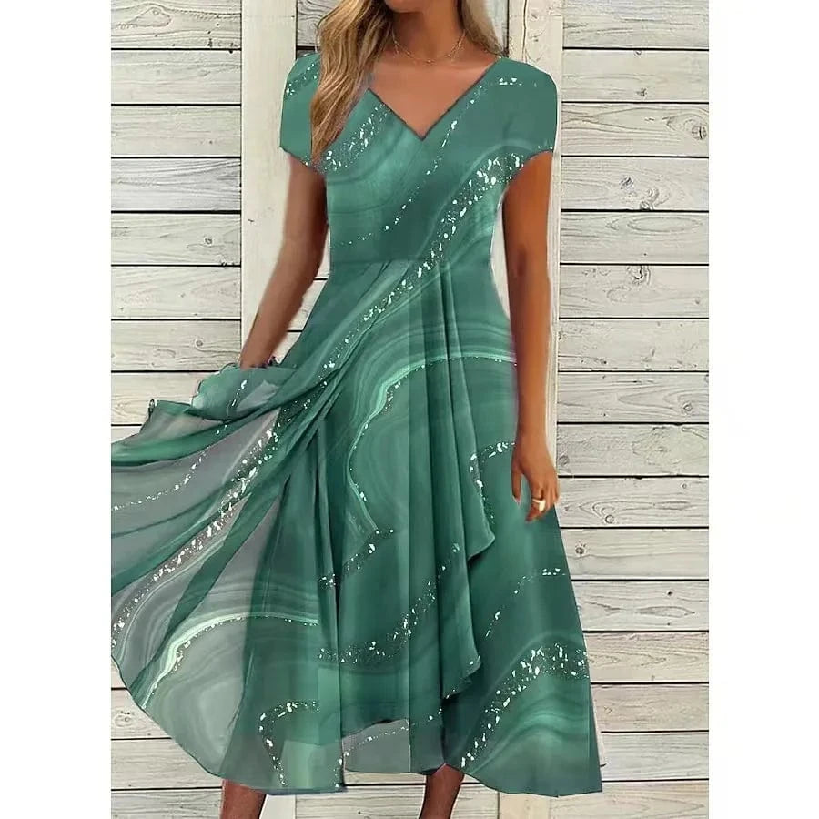 Green / XXL Women Summer New Dress Casual Fashion Chiffon Splicing Short Sleeve V Neck High Waist Dress