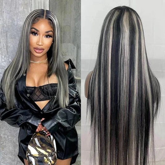 Grey Black with blonde Highlight piano wig 13x6 Colored virgin human hair Full Lace Frontal Wig black grey straight hair wig