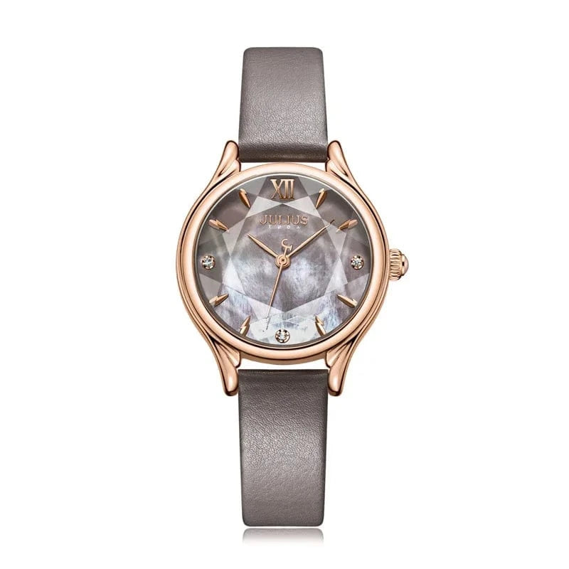 grey Mother-of-pearl Women's Watch Japan Quartz Elegant Fashion Hour Bracelet Real Leather Clock Girl's Birthday Gift Julius Box