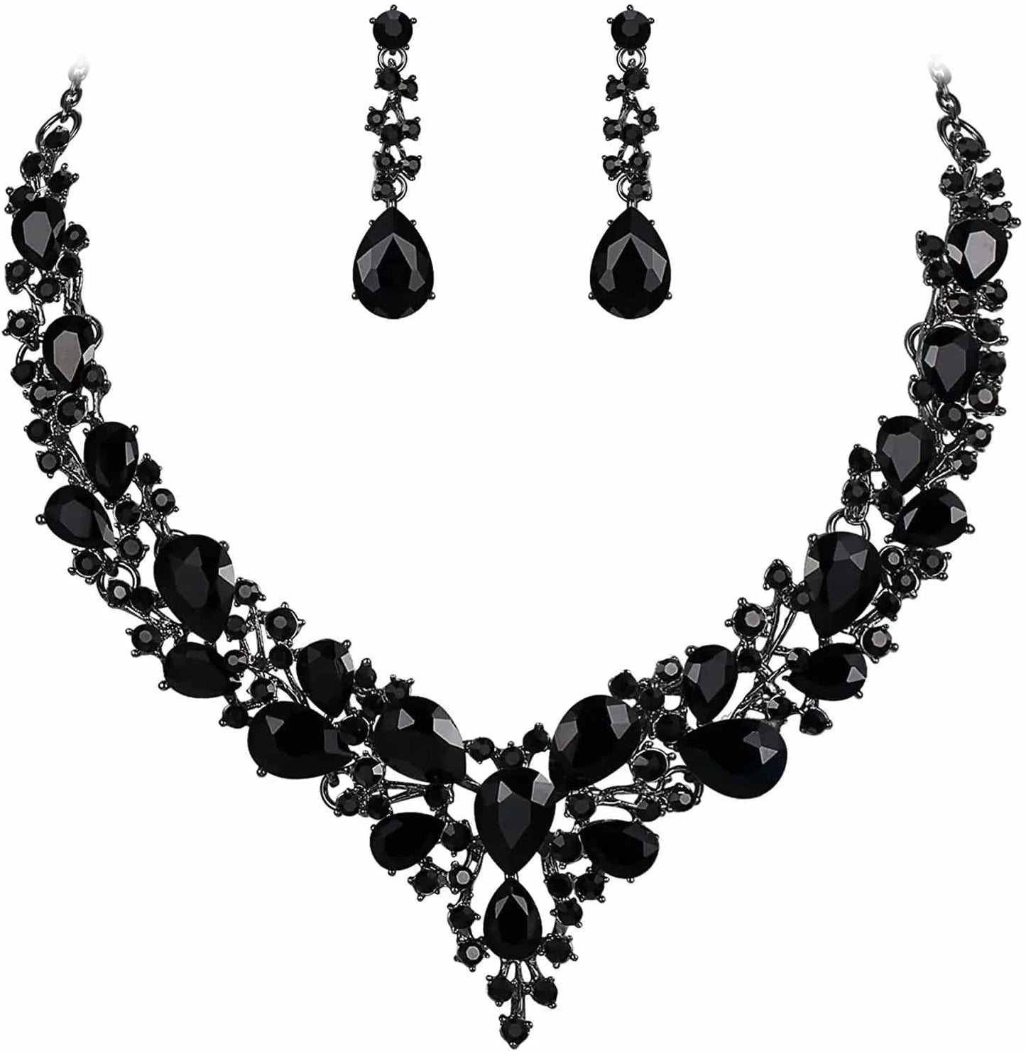 Gun Black+Black Stone High Quality 18K Gold Plated Crystal Teardrop Cluster Statement Women Wedding Bridal Necklace Dangle Earrings Jewelry Set