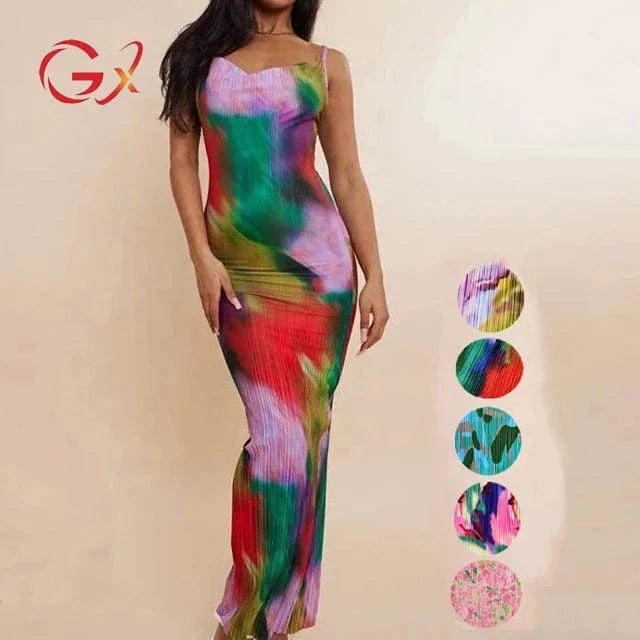 GX009 Fashion women's sleeveless printed long party dress spaghetti strap design sexy tight fit elegant evening dresses