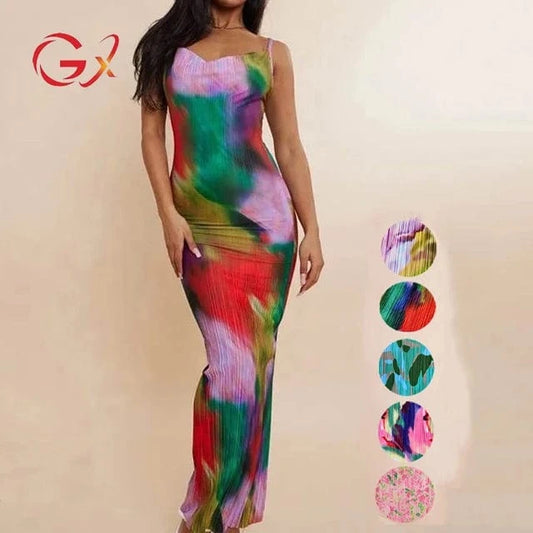 GX009 Fashion women's sleeveless printed long party dress spaghetti strap design sexy tight fit elegant evening dresses