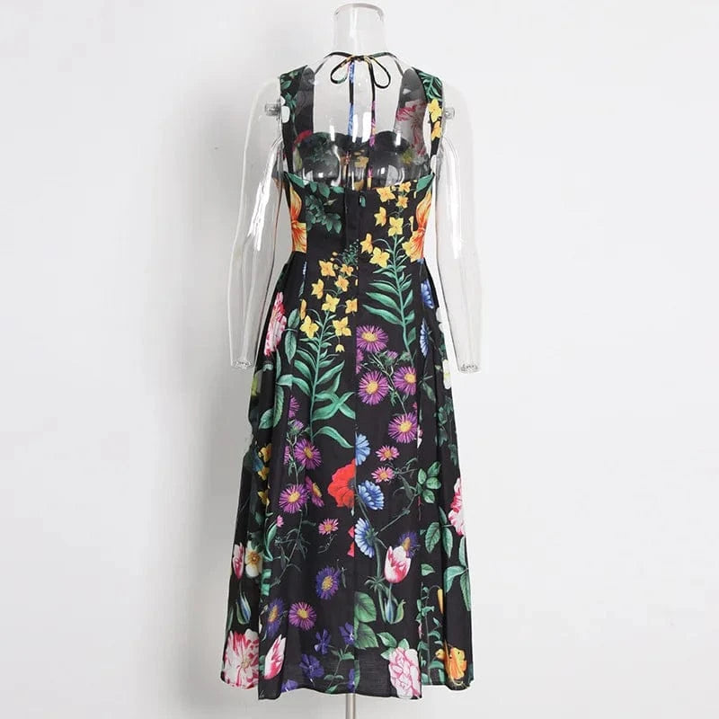 GX0222 Fashion Luxury Quality Women Square Neck Sleeveless A-line Long Dresses Embroidered Beads Printed Elegant Casual Dress
