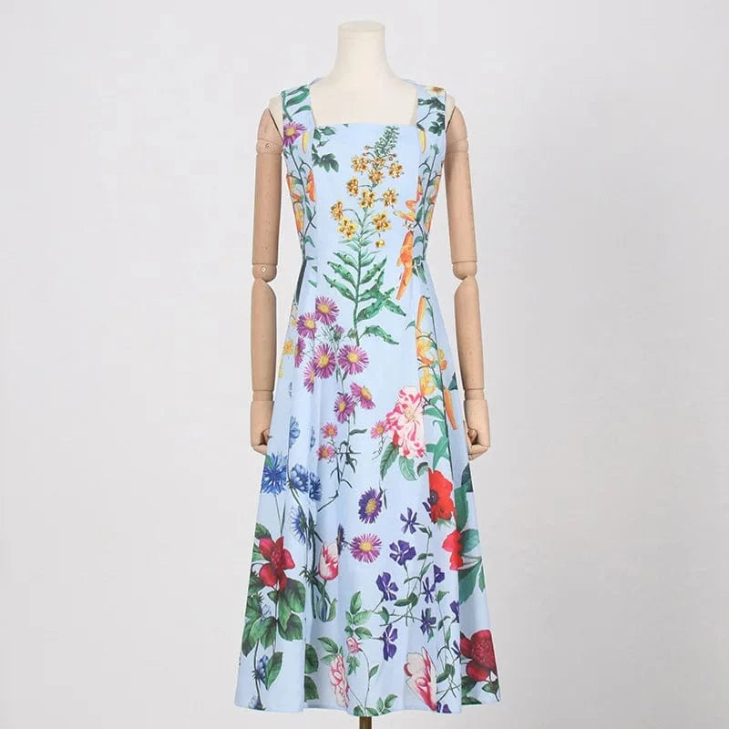GX0222 Fashion Luxury Quality Women Square Neck Sleeveless A-line Long Dresses Embroidered Beads Printed Elegant Casual Dress
