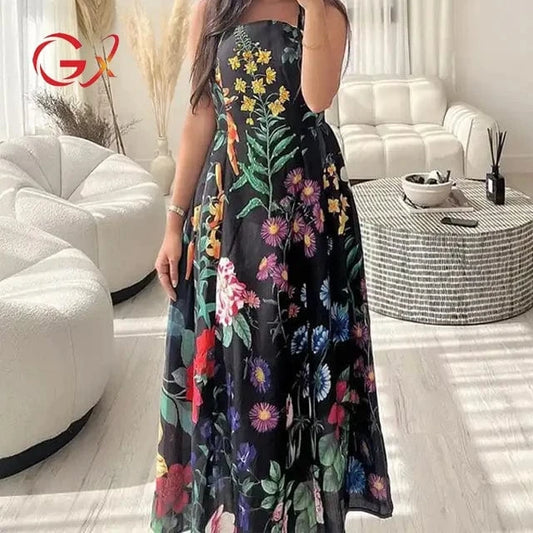 GX0222 Fashion Luxury Quality Women Square Neck Sleeveless A-line Long Dresses Embroidered Beads Printed Elegant Casual Dress