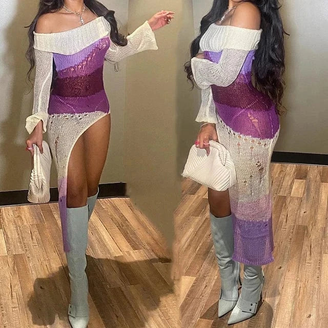 GX0301 Fashion 2024 Spring Women Color Patchwork Long Sleeve Dress Sexy Off Shoulder See Through Split Maxi Dresses