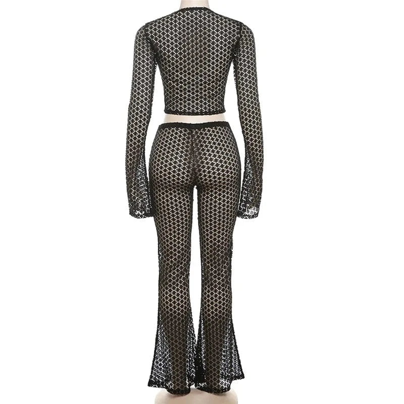 GX0939 Spring 2024 Women Clothing Vendor Lady Sexy Night Club Wear Hollow See Through Cropped Top and Flare Pant 2 Piece Set