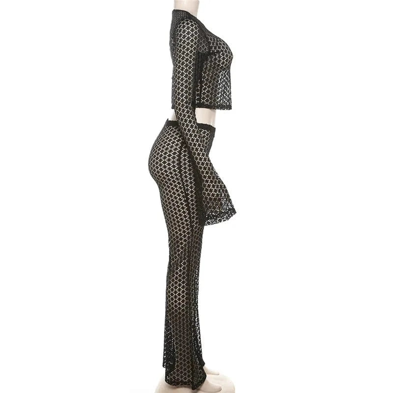 GX0939 Spring 2024 Women Clothing Vendor Lady Sexy Night Club Wear Hollow See Through Cropped Top and Flare Pant 2 Piece Set