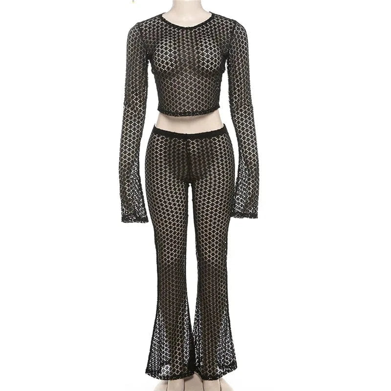 GX0939 Spring 2024 Women Clothing Vendor Lady Sexy Night Club Wear Hollow See Through Cropped Top and Flare Pant 2 Piece Set