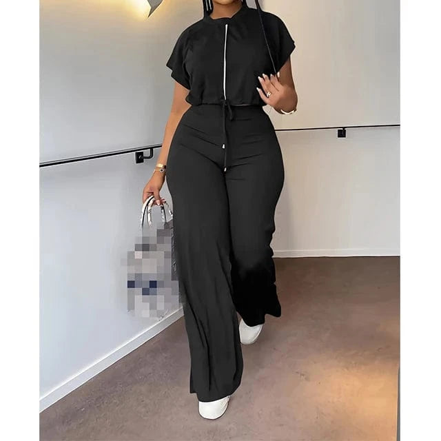 GX10163 New Fashion Ladies Street Wear Short Sleeve Drawstring Cropped Top and Pant 2 Piece Set Women Clothing