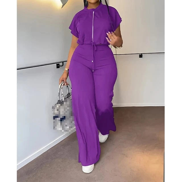 GX10163 New Fashion Ladies Street Wear Short Sleeve Drawstring Cropped Top and Pant 2 Piece Set Women Clothing