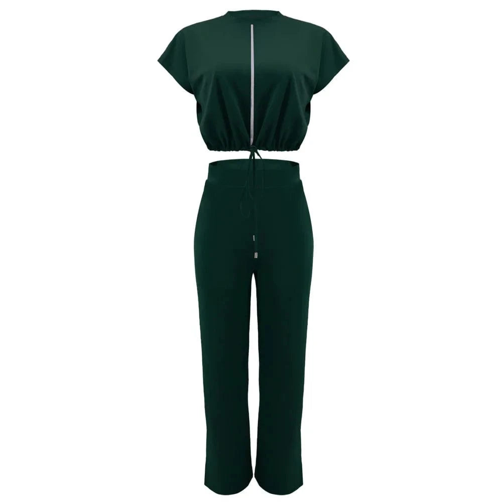 GX10163 New Fashion Ladies Street Wear Short Sleeve Drawstring Cropped Top and Pant 2 Piece Set Women Clothing