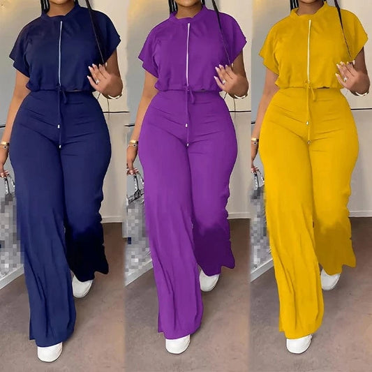 GX10163 New Fashion Ladies Street Wear Short Sleeve Drawstring Cropped Top and Pant 2 Piece Set Women Clothing