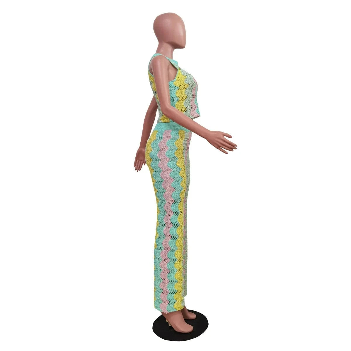 GX1297 summer 2024 fashion women clothing see through knitted wear sexy rainbow sleeveless cropped top and pant 2 piece set