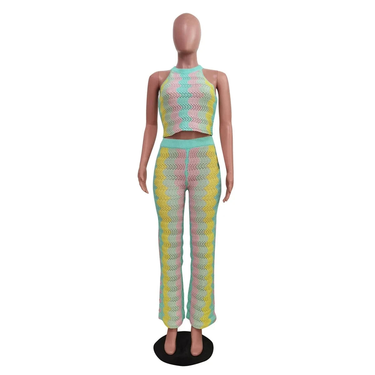 GX1297 summer 2024 fashion women clothing see through knitted wear sexy rainbow sleeveless cropped top and pant 2 piece set