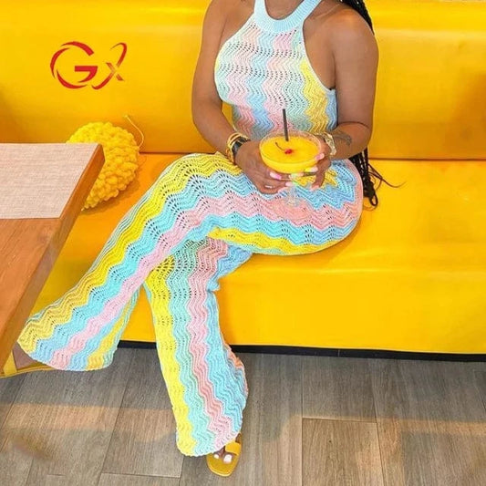 GX1297 summer 2024 fashion women clothing see through knitted wear sexy rainbow sleeveless cropped top and pant 2 piece set