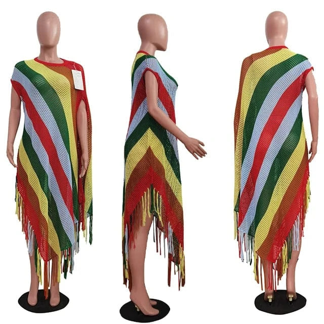 GX1298 Fashion 2024 Summer O-Neck Sexy Knitted Rainbow Design Long Dresses Irregular See Through Tassel Dress