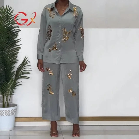 GX1320 New 2024 Elegant Spring Women Boutique Street Wear Long Sleeve Sequin Design Shirt and Pant Matching Suit 2 Piece Set