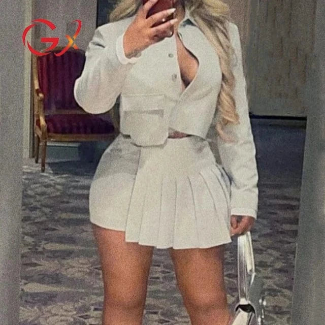 GX1608 Fashion 2024 clothes boutique women street wear long sleeve pocket unique shirt and pleated mini skirt short 2 piece set