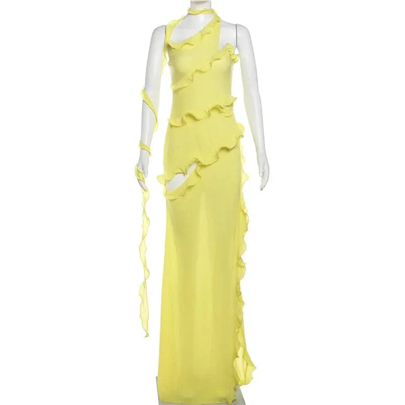 GX1900 New 2024 Summer Style Sleeveless Halter Ruffle Long Dress Women Club Party Split Irregular Maxi Dresses