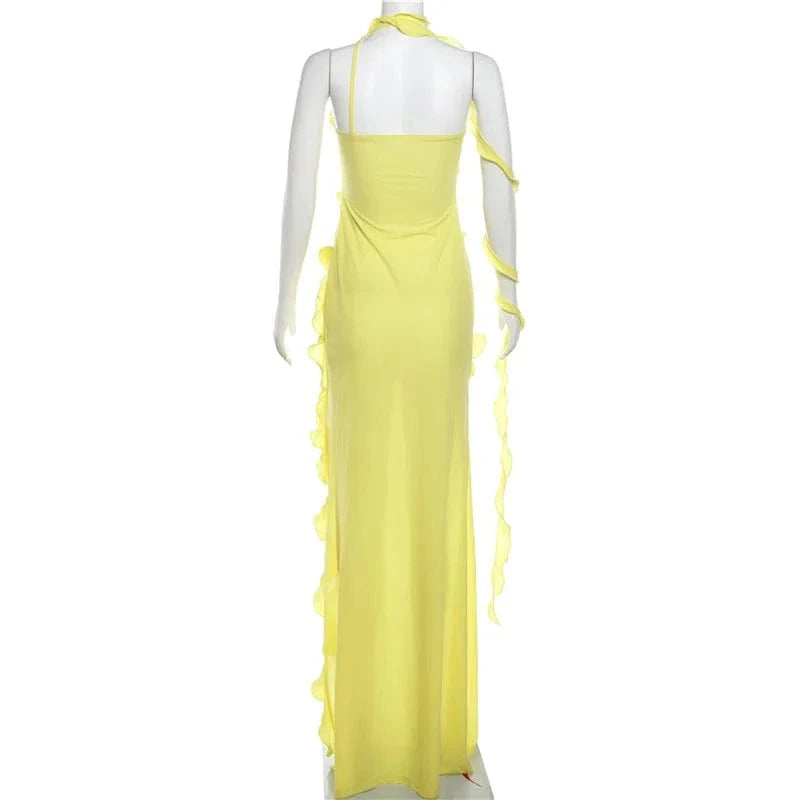 GX1900 New 2024 Summer Style Sleeveless Halter Ruffle Long Dress Women Club Party Split Irregular Maxi Dresses