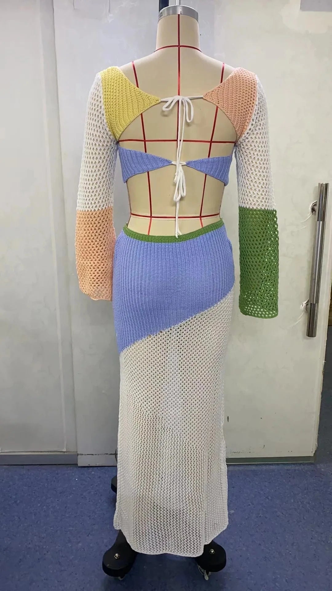 GX20842 New 2024 Summer Unique Women Sexy Beach Wear Knitted See Through Outfit Long Sleeve Tank Top and Maxi Skirt 2 Piece Set