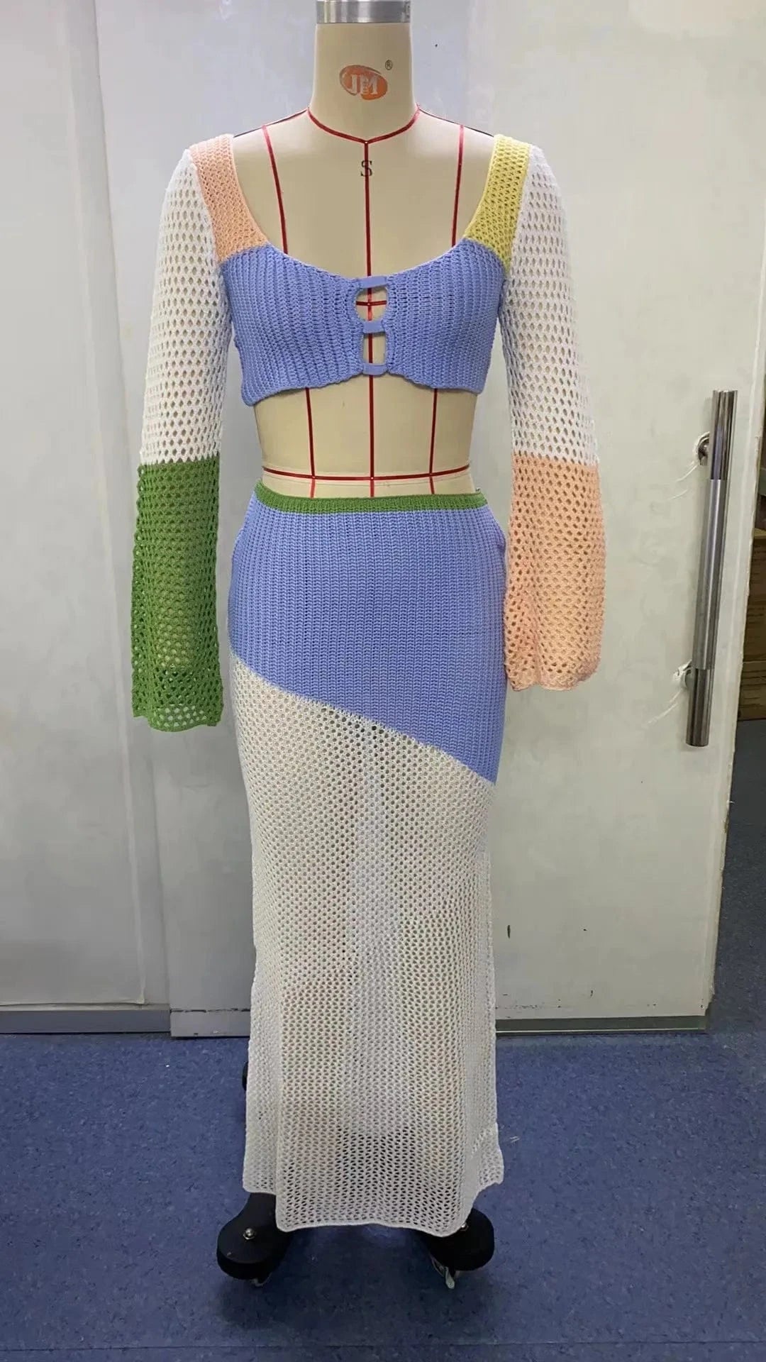 GX20842 New 2024 Summer Unique Women Sexy Beach Wear Knitted See Through Outfit Long Sleeve Tank Top and Maxi Skirt 2 Piece Set