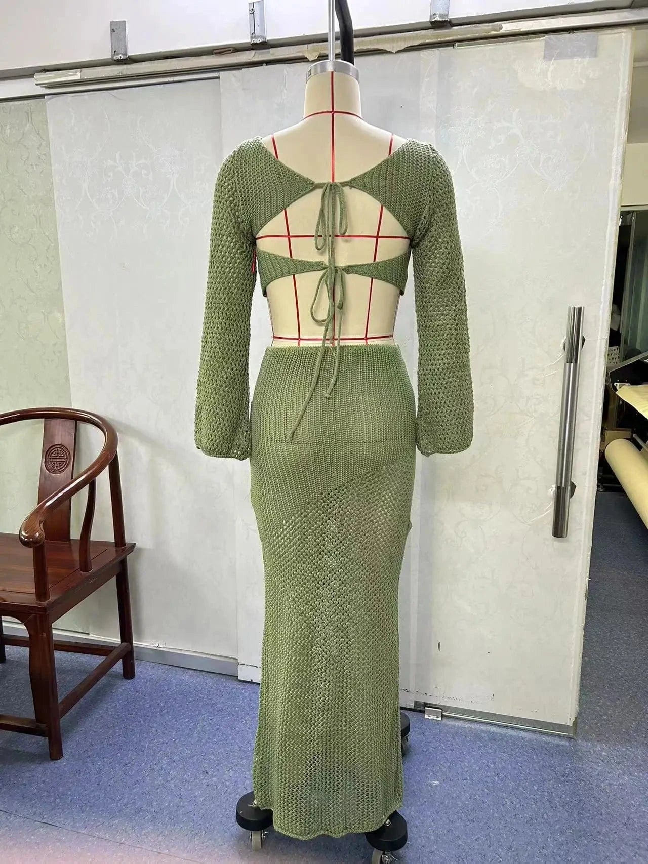 GX20842 New 2024 Summer Unique Women Sexy Beach Wear Knitted See Through Outfit Long Sleeve Tank Top and Maxi Skirt 2 Piece Set