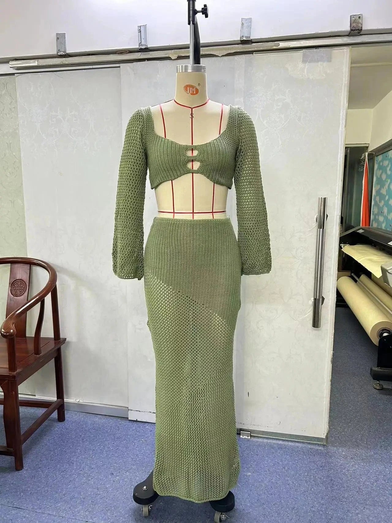 GX20842 New 2024 Summer Unique Women Sexy Beach Wear Knitted See Through Outfit Long Sleeve Tank Top and Maxi Skirt 2 Piece Set