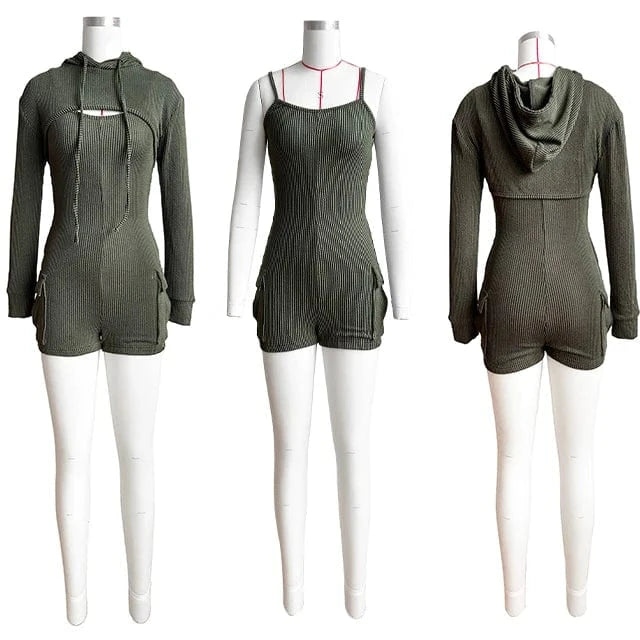 GX24019 fashion 2024 women 2 pieces set long sleeve hooded cropped top and sexy one piece jumpsuit romper two piece set women