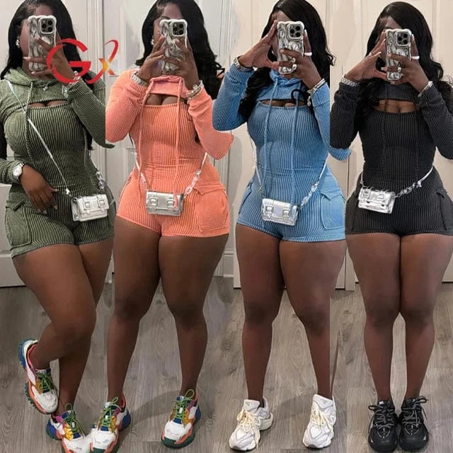 GX24019 fashion 2024 women 2 pieces set long sleeve hooded cropped top and sexy one piece jumpsuit romper two piece set women
