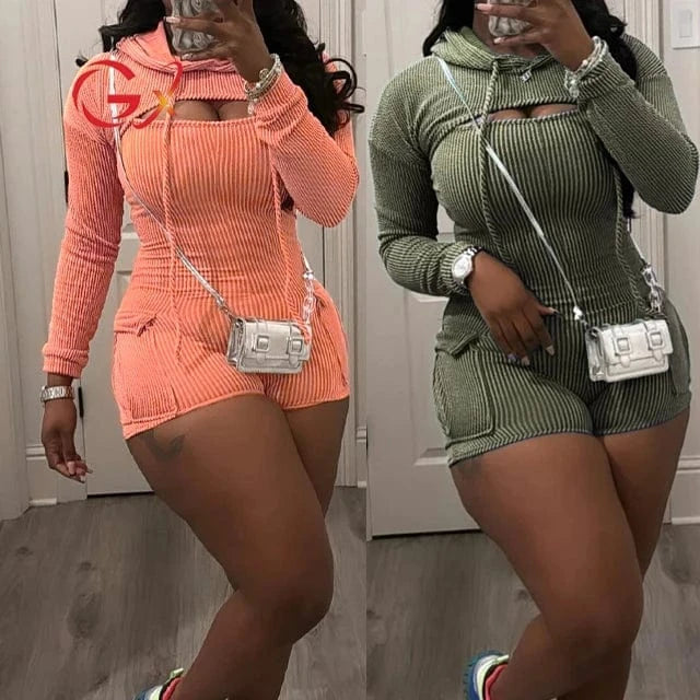 GX24019 fashion 2024 women 2 pieces set long sleeve hooded cropped top and sexy one piece jumpsuit romper two piece set women