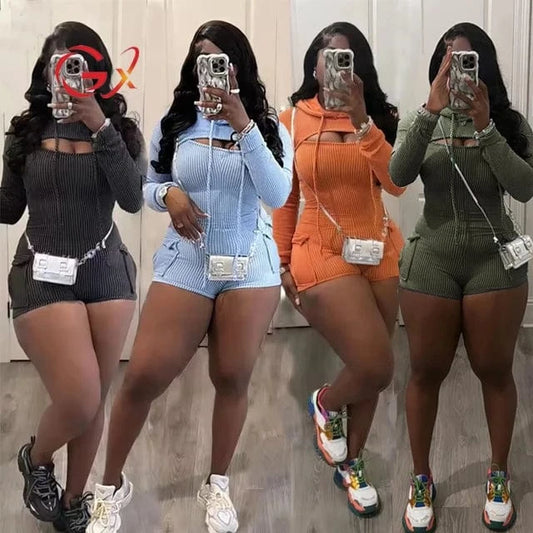 GX24019 fashion 2024 women 2 pieces set long sleeve hooded cropped top and sexy one piece jumpsuit romper two piece set women