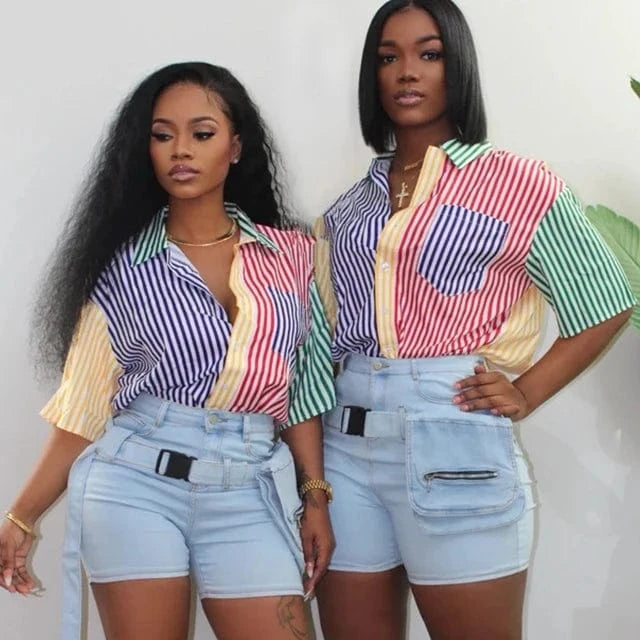 GX3150 Fashion Summer Clothing Women Vendor Lapel Short Sleeve Striped Color Patchwork Elegant Tops Sexy Blouses & Shirt