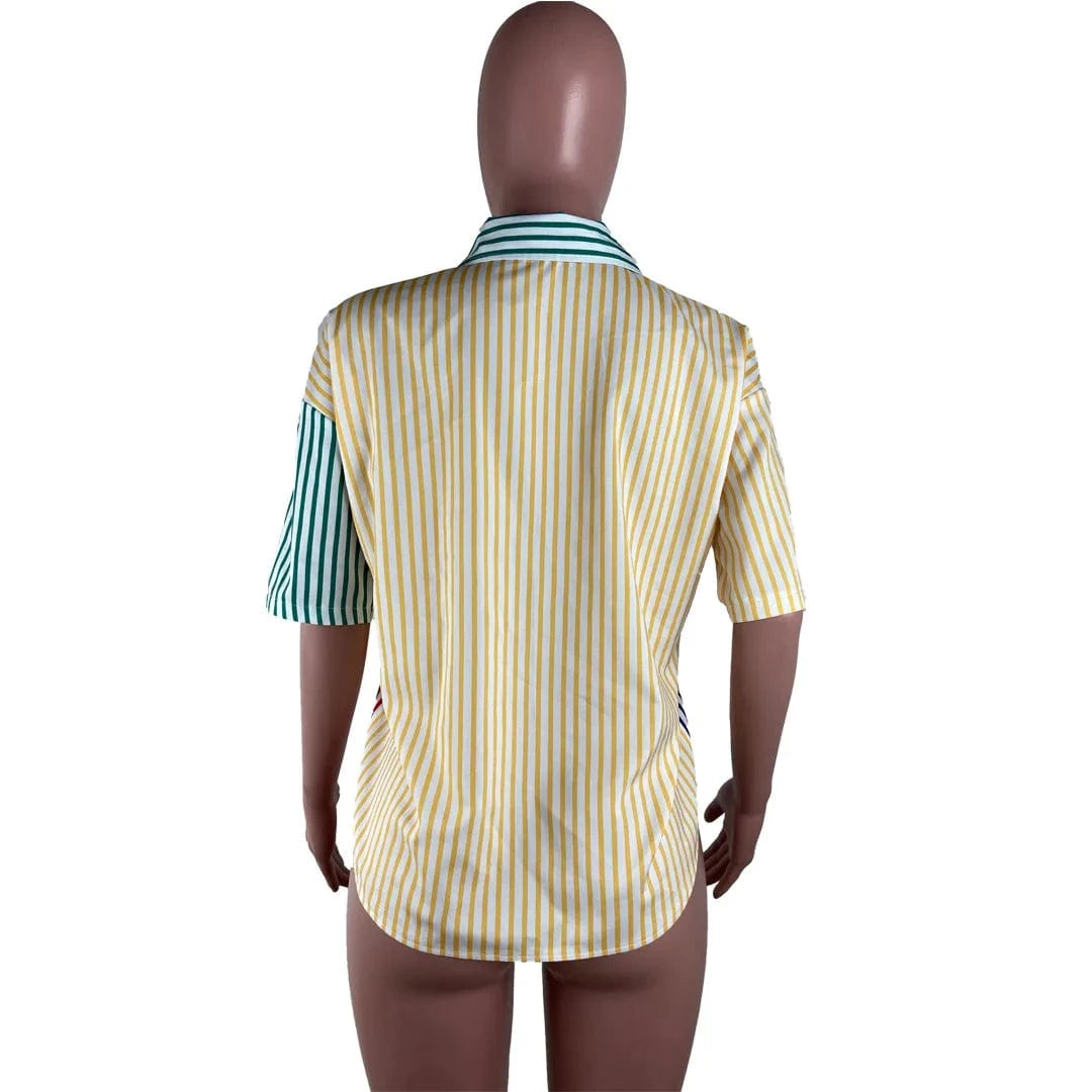 GX3150 Fashion Summer Clothing Women Vendor Lapel Short Sleeve Striped Color Patchwork Elegant Tops Sexy Blouses & Shirt