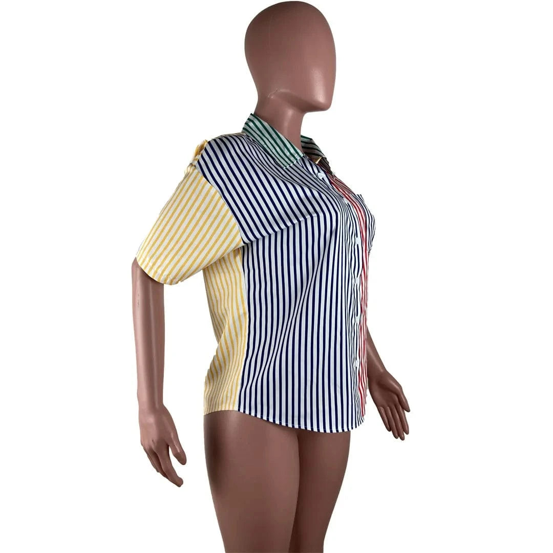 GX3150 Fashion Summer Clothing Women Vendor Lapel Short Sleeve Striped Color Patchwork Elegant Tops Sexy Blouses & Shirt